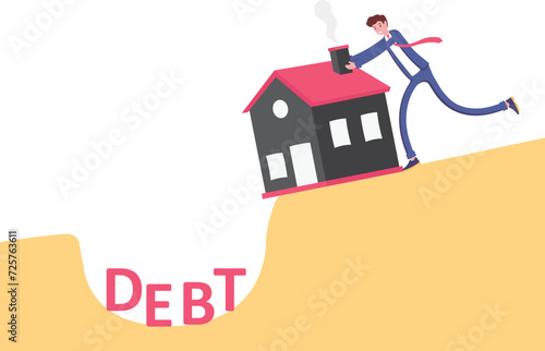 Businessman pushing house from debt burden, illustration vector cartoon


