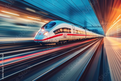 A lengthy high-speed train moves quickly. Generative Ai.