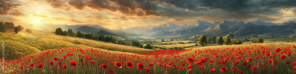 Flower meadow field background banner panorama - Beautiful flowers of poppies poppy Papaver rhoeas in nature