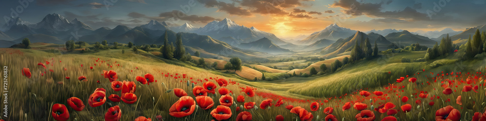 Flower meadow field background banner panorama - Beautiful flowers of poppies poppy Papaver rhoeas in nature