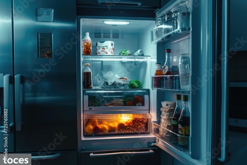 A clear view of an open refrigerator filled with various food items. Perfect for illustrating healthy eating, meal planning, or kitchen organization