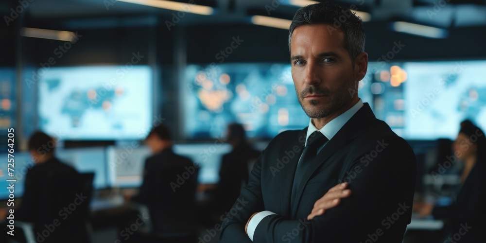 A man in a suit standing with his arms crossed. Versatile image suitable for business, leadership, or professional concepts A man in a suit standing with his arms crossed. Versatile image suitable for business, leadership, or professional concepts