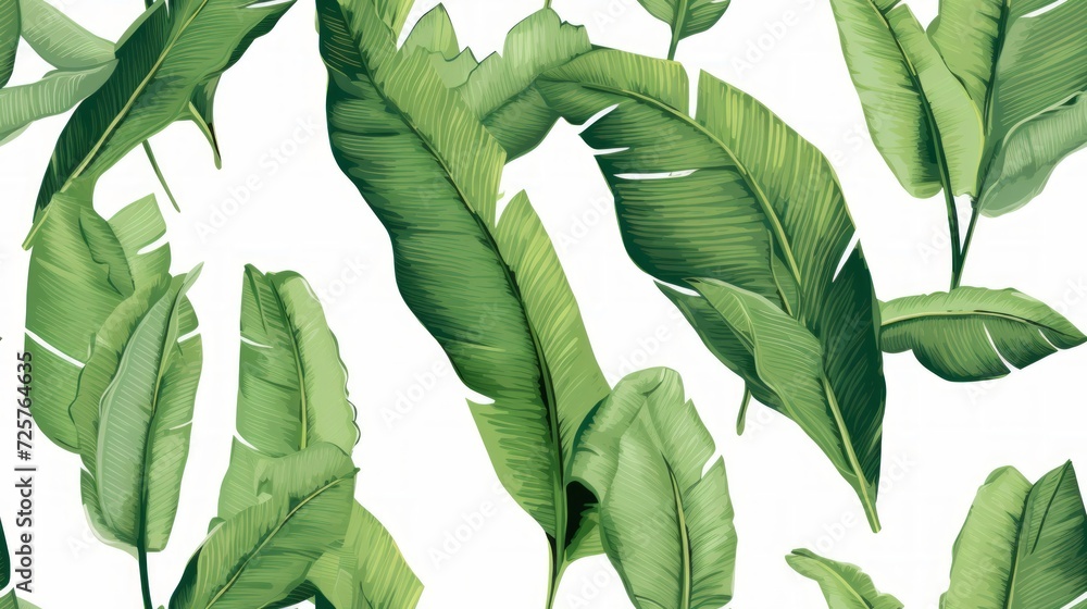 Seamless pattern banana tree and leaves that it is a tropical plant on white background, Generative Ai