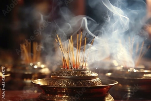 A group of incense sticks sticking out of a metal bowl. Can be used for relaxation or meditation purposes