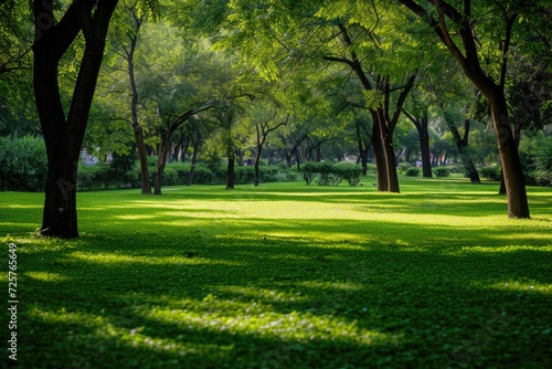 A peaceful park with an abundance of green grass and towering trees. Ideal for various outdoor activities and relaxation