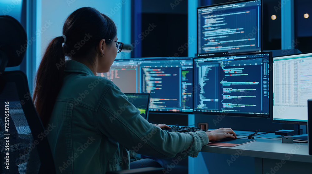 Portrait of Asian Woman Working on Computer, Typing Lines of Code on Screens
