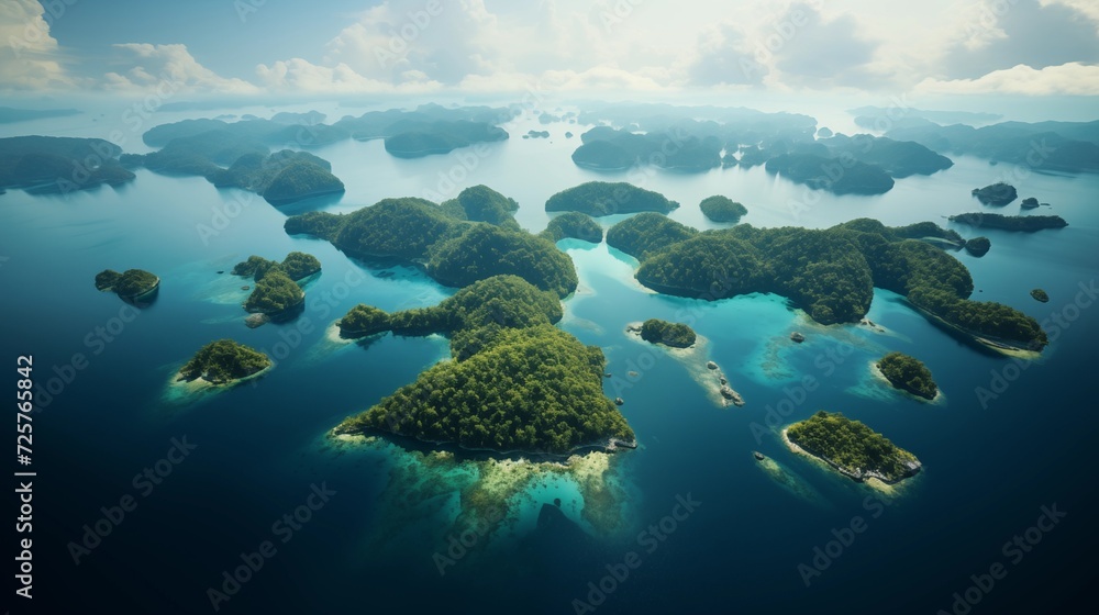 Aerial perspectives showcasing an awe-inspiring archipelago, with clusters of islands surrounded by pristine waters