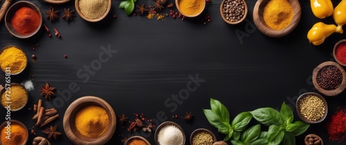 Fototapeta Naklejka Na Ścianę i Meble -  Spices and herbs on a wooden board. Pepper, salt, paprika, basil, turmeric. On a black wooden chalkboard