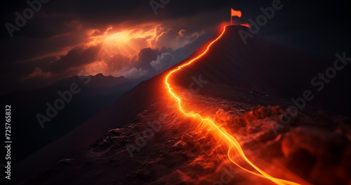 Light path leading to glowing red flag on top of mountain, success and achievements concept