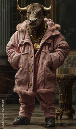 Human shaped bull in pink clothes wearing large gold necklace with bitcoin on it
