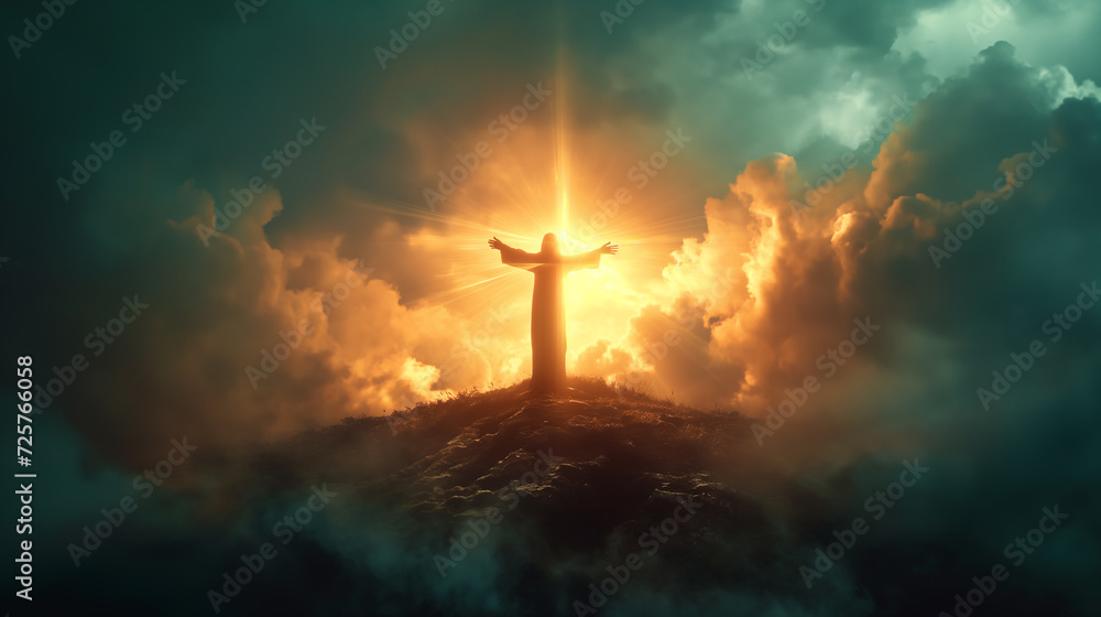 Silhouette of worshiper praying in front of cross symbol made of shining light Silhouette of worshiper praying in front of cross symbol made of shining light