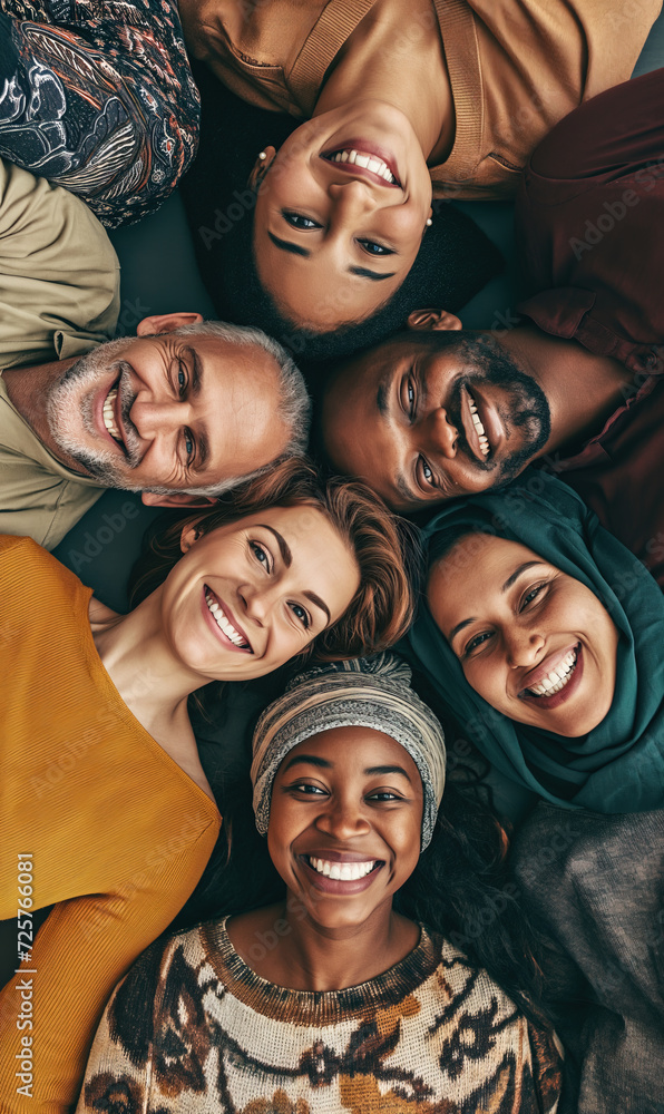 Group of multi ethnic friends laying down on the floor looking up at camera