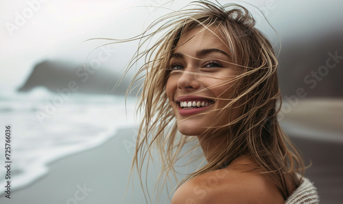 beautiful smile of young blonde girl smiling and having fun outdoor on a background of hazy sunshine through a thick mist on a calm sea and blue skies