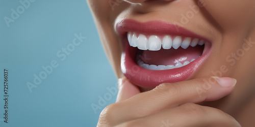 Close-up on beautiful teeth of caucasian woman with hand touching her chin