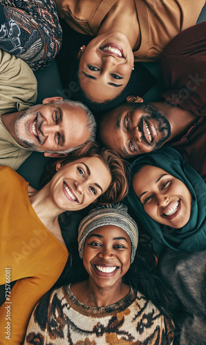 Group of multi ethnic friends laying down on the floor looking up at camera © IBEX.Media