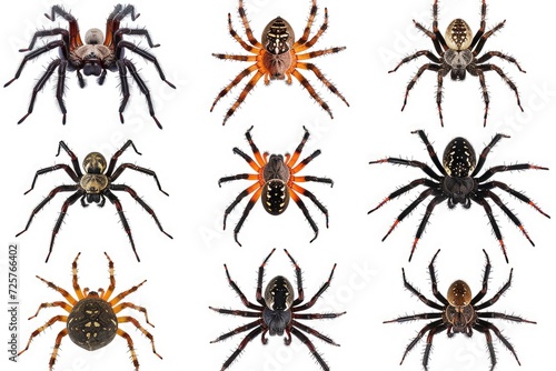 A picture featuring six different types of spiders on a plain white background. This image can be used for educational purposes or in articles about spiders and their various species © Fotograf