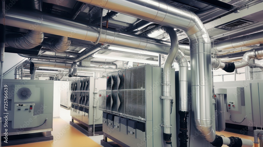 Industrial HVAC system room, with heating and air conditioning air circulation pipes, installation construction.