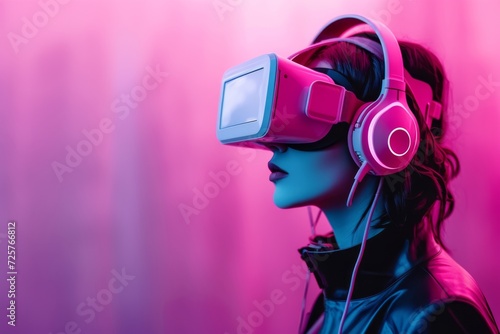 a woman wearing a pink virtual reality headset with headphones 