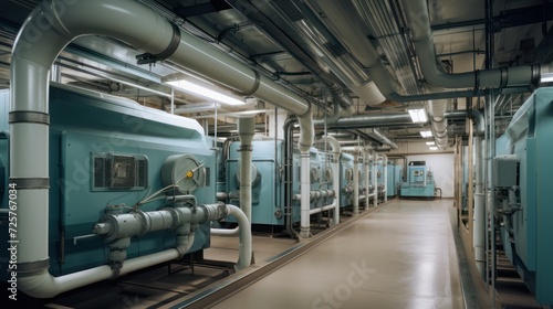 Industrial HVAC system room, with heating and air conditioning air circulation pipes, installation construction.