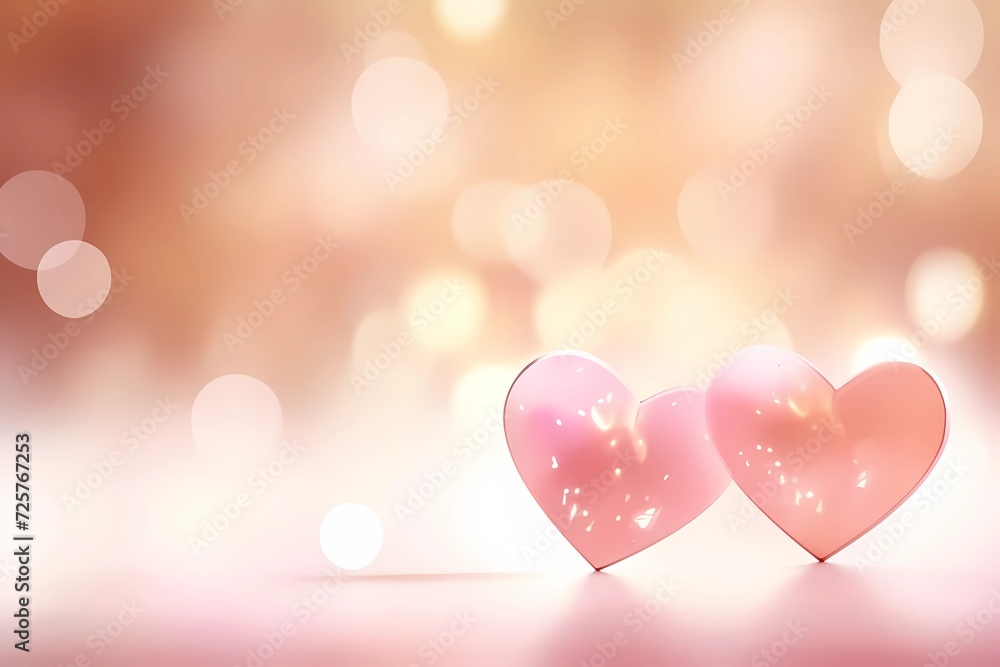 golden pink background with hearts, in the foreground there is a big heart, holiday banner or card for valentine's day, wedding, with copy space