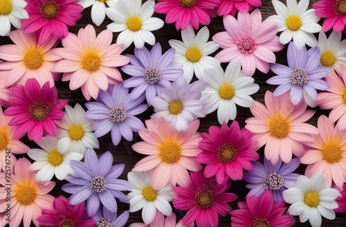 Top view photo of fresh colorful flowers. Colorful flowers decoration. Pastel colors.