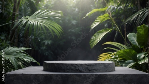 Empty stone podium with forest background . product display ideas