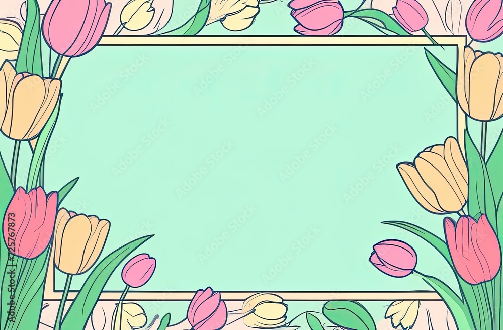 Illustration of pastel colors frame with free place for text made from lot of tulips. Greeting card for spring holidays. Template for Birthday, Women's Day, Mother's Day. Floral picture.