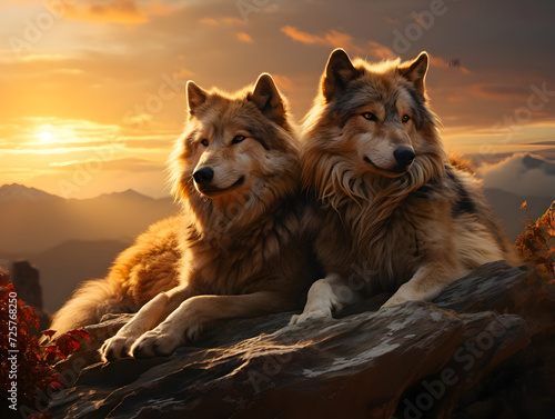 Couples wolves sit on a mountaintop in the mountains