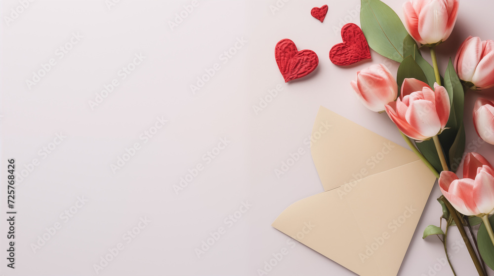 Walentynki - jasne tło na życzenia. Mockup, szablon z bukietem, kopertą i listem z wyznaniem uczuć miłości. Kwiaty dla zakochanej kobiety - obrazy, fototapety, plakaty 