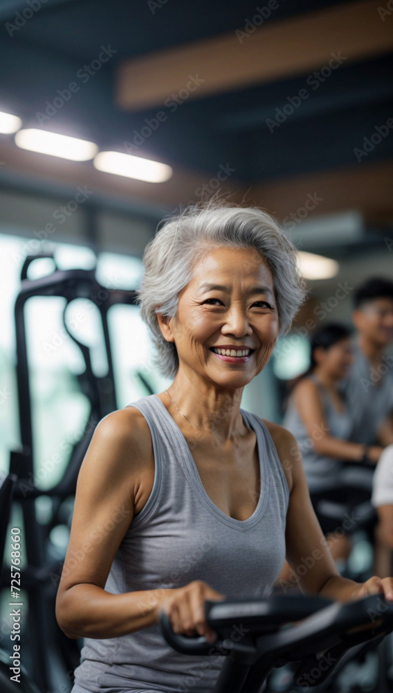 smiling mature woman doing sports in the gym, senior people in group exercising, stationary fitness bikes in the gym