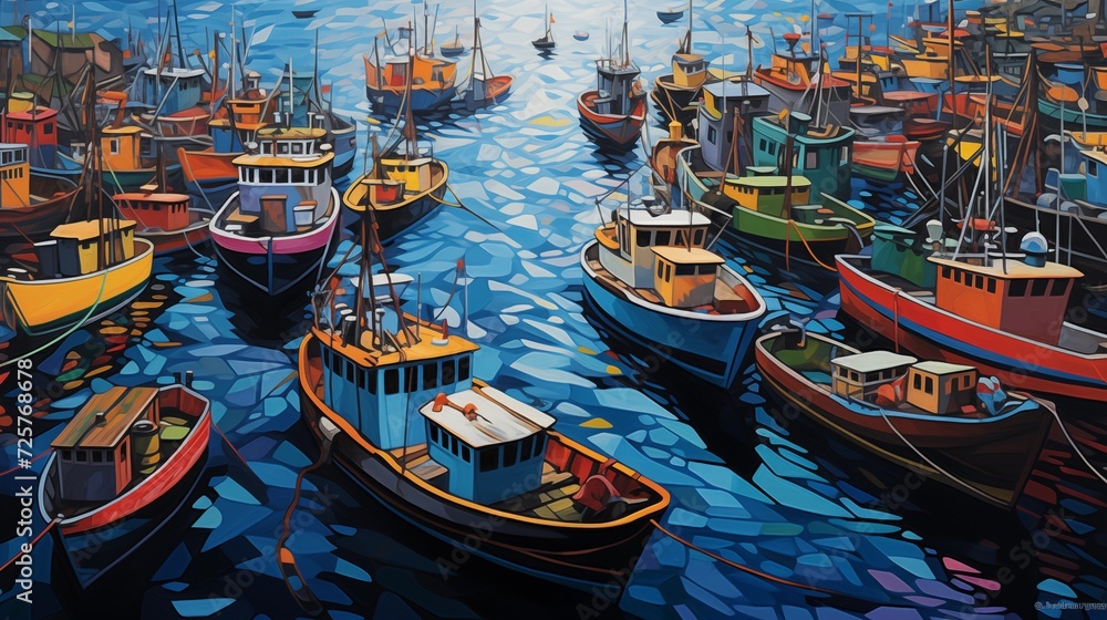  Bird's-eye perspectives capturing the vibrant colors of fishing boats lined up along a coastline, adding a lively touch to coastal scenery
