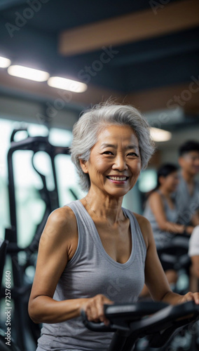 smiling mature woman doing sports in the gym, senior people in group exercising, stationary fitness bikes in the gym