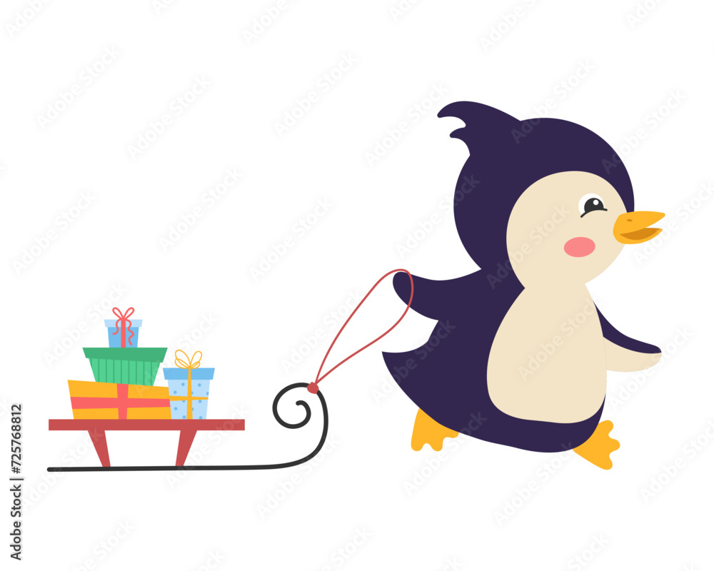 Naklejka premium A cute cartoon penguin is carrying gifts on a sleigh. Vector illustration.