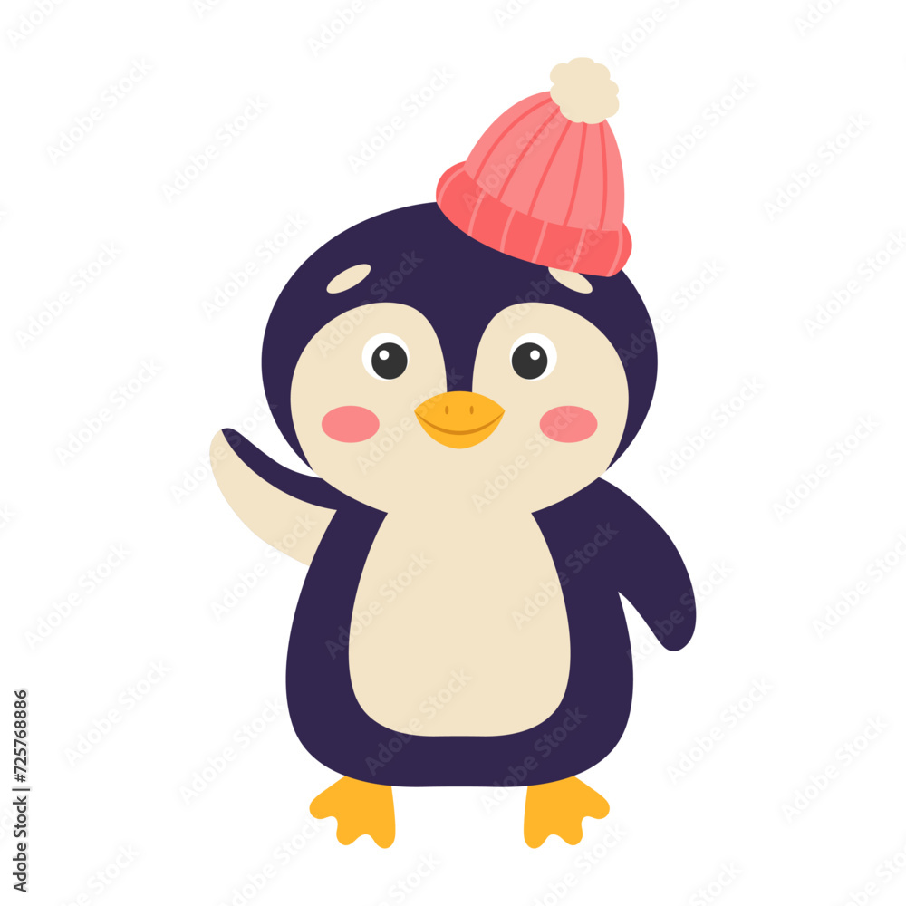 Cute cartoon penguin in a knitted hat. Vector illustration.