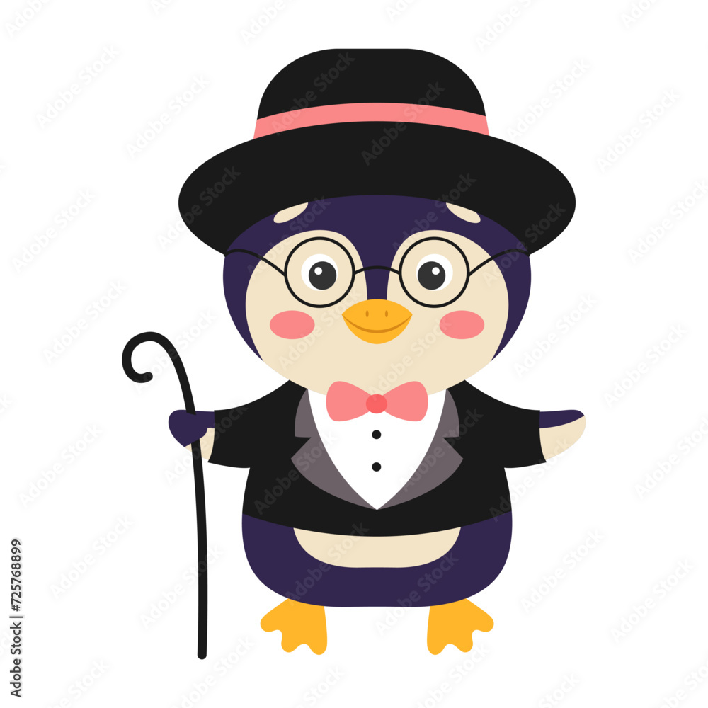 Cute cartoon penguin in suit and bow tie with cane. Vector illustration.