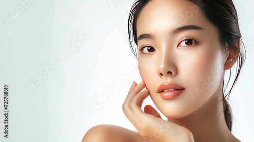 Beautiful young asian woman with clean fresh skin on white background,Facial treatment, Cosmetology.