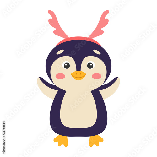 Cute cartoon penguin in a hoop with deer antlers. Vector illustration.