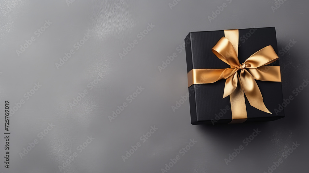 gift box in the form of a cubic black box with a light gold ribbon on a gray background gift box in the form of a cubic black box with a light gold ribbon on a gray background