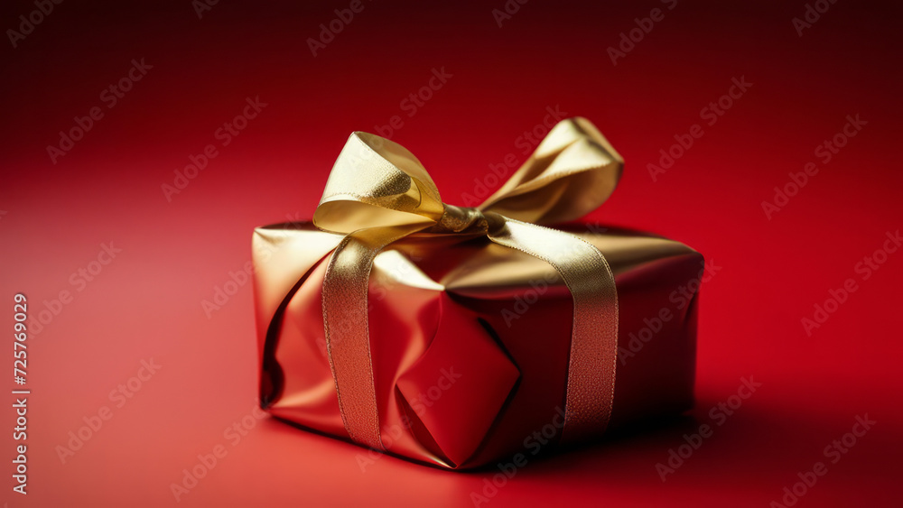 Gift tied with a gold ribbon on a red background. Gift tied with a gold ribbon on a red background.