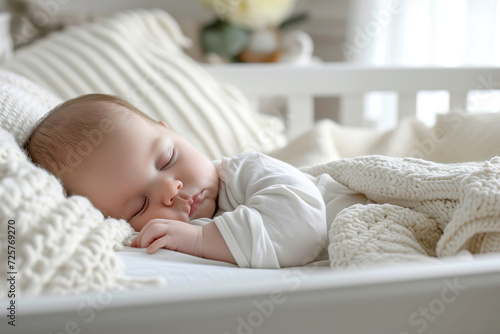 Peaceful newborn Infant Sleeping with Cozy White Blanket in Soft Lit Room