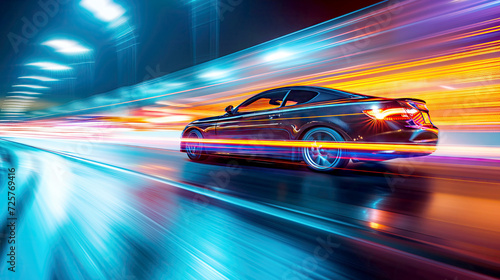 High-Speed Luxury Car Racing Through City Night with Neon Light Trails on blurred motion
