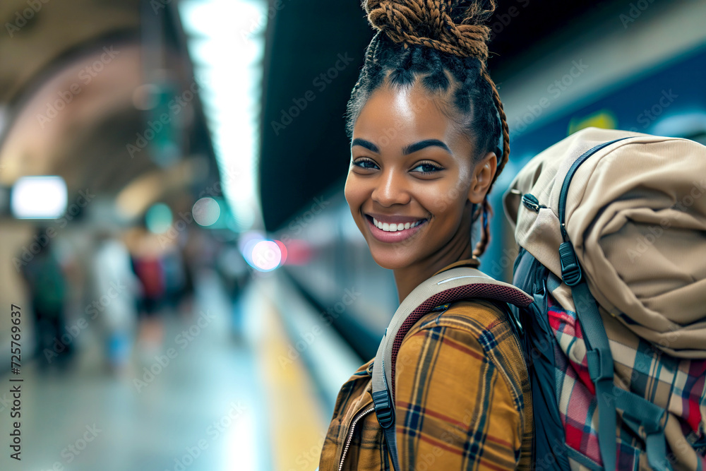 happy Young African american Woman with Backpack Smiling at camera while stand in train station. Travel concept