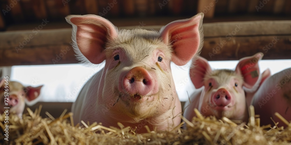 A group of pigs standing next to each other. Perfect for illustrating farm life or showcasing animal behavior A group of pigs standing next to each other. Perfect for illustrating farm life or showcasing animal behavior