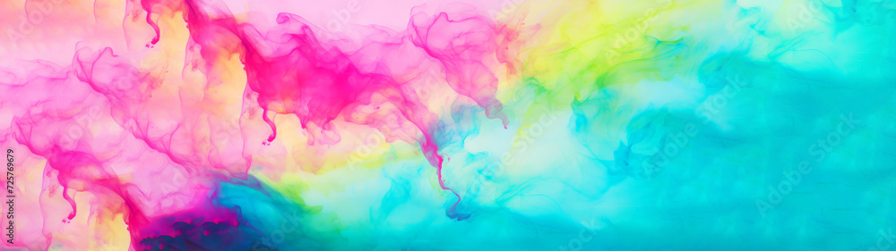 Abstract watercolor paint background banner panorama long illustration - Neon pink blue yellow color with liquid fluid marbled paper texture banner painting texture