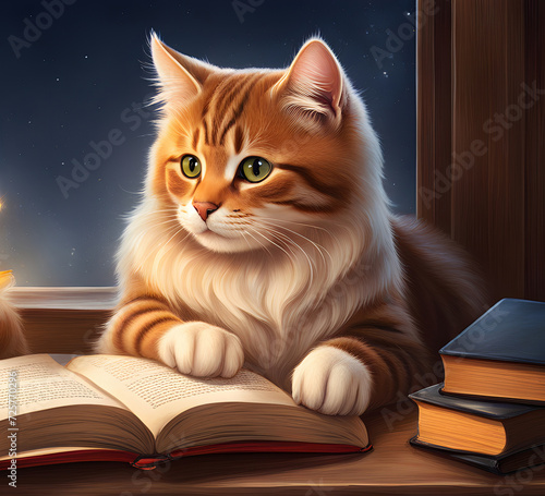 Beautiful red cat lies next to the books