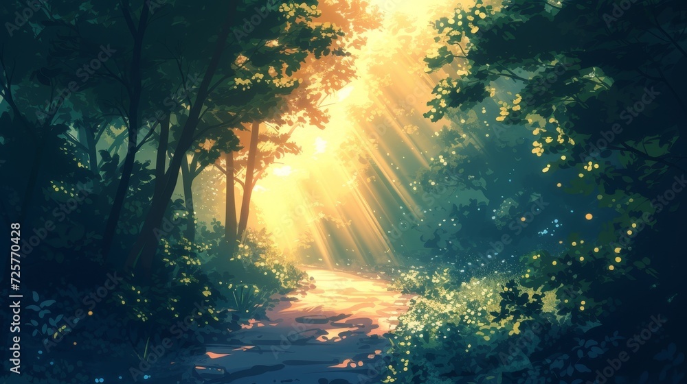 Obraz premium Beautiful anime-style illustration of a lush forest path in summer