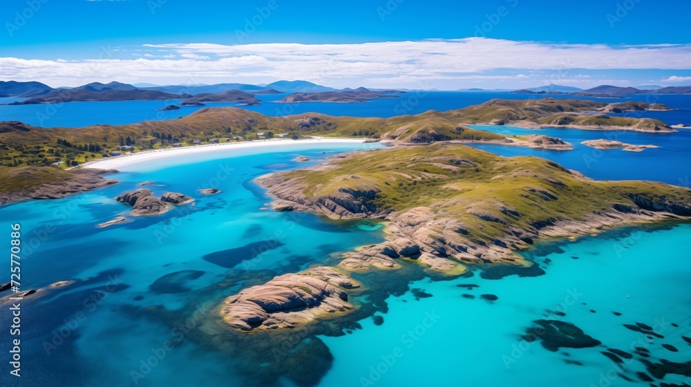 Breathtaking aerial perspectives capturing the beauty of a coastal archipelago, with turquoise waters and rugged shorelines