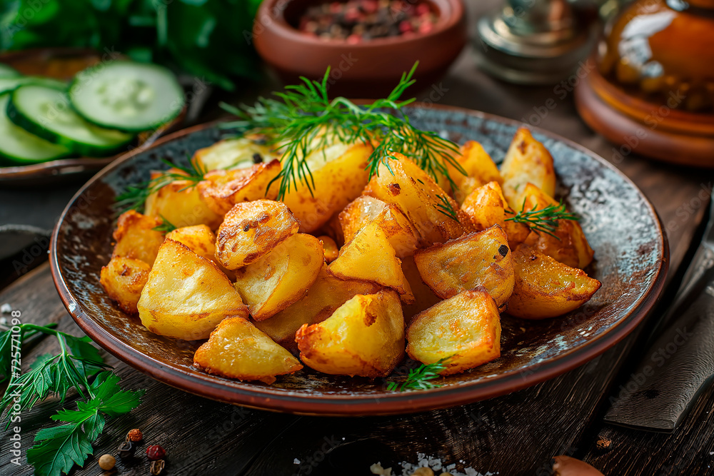 Rustic fried potatoes, on a large plate, wooden table
