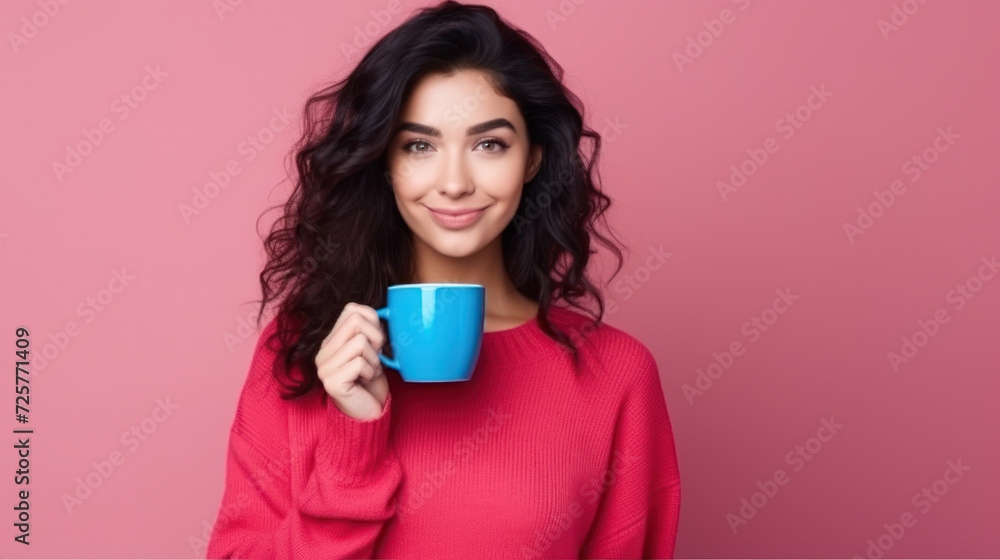 Good looking woman in casual sweater standing drinking hot beverage, take away coffee from disposable cup, needs energy. Indoor studio shot isolated on pink background. Good looking woman in casual sweater standing drinking hot beverage, take away coffee from disposable cup, needs energy. Indoor studio shot isolated on pink background.
