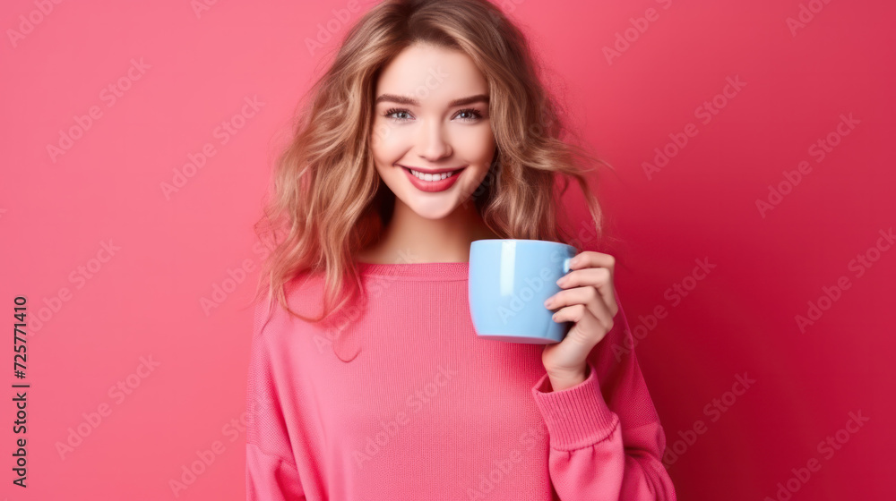 Good looking woman in casual sweater standing drinking hot beverage, take away coffee from disposable cup, needs energy. Indoor studio shot isolated on pink background. Good looking woman in casual sweater standing drinking hot beverage, take away coffee from disposable cup, needs energy. Indoor studio shot isolated on pink background.